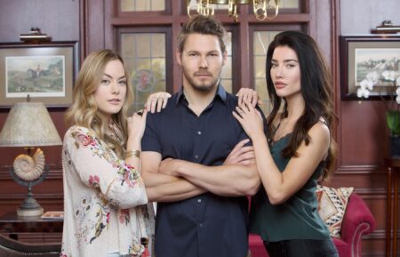 Annika Noelle, Scott Clifton, Jacqueline MacInnes Wood on the set of 'The Bold and the Beautiful'