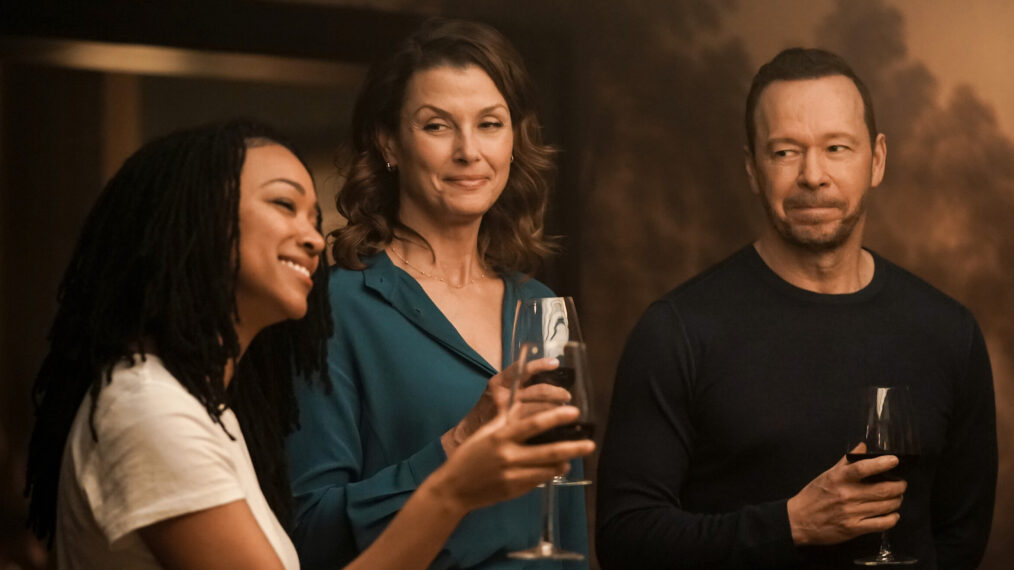 Sonequa Martin-Green as Lena Silver, Bridget Moynahan as Erin Reagan Boyle, and Donnie Wahlberg as Danny Reagan in 'Boston Blue' Season 1 Episode 1