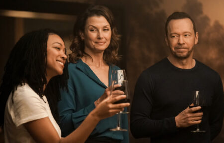 Sonequa Martin-Green as Lena Silver, Bridget Moynahan as Erin Reagan Boyle, and Donnie Wahlberg as Danny Reagan in 'Boston Blue' Season 1 Episode 1