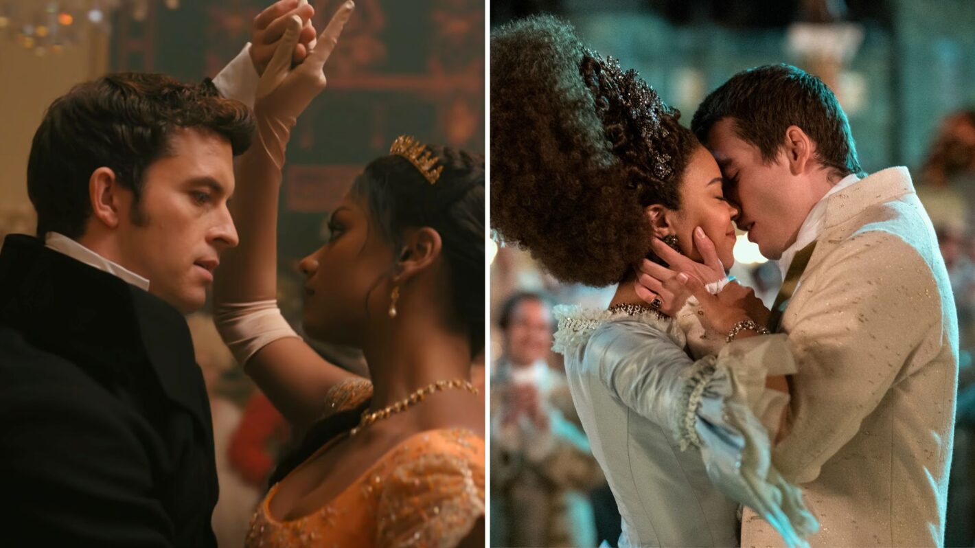 Jonathan Bailey and Simone Ashley as Anthony and Kate in 'Bridgerton' Season 2; India Amarteifio and Corey Mylchreest as Charlotte and George in 'Queen Charlotte: A Bridgerton Story'