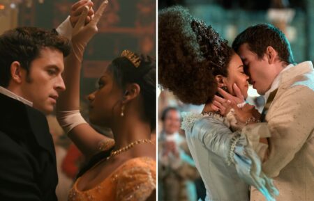 Jonathan Bailey and Simone Ashley as Anthony and Kate in 'Bridgerton' Season 2; India Amarteifio and Corey Mylchreest as Charlotte and George in 'Queen Charlotte: A Bridgerton Story'