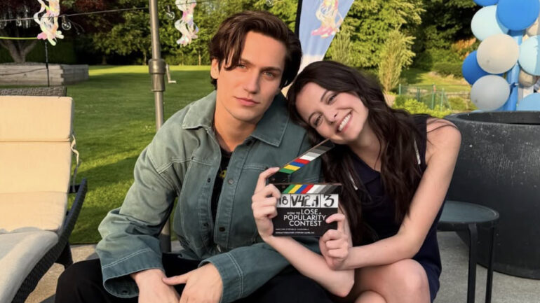 Chase Hudson and Sara Waisglass on the 'How to Lose a Popularity Contest' set