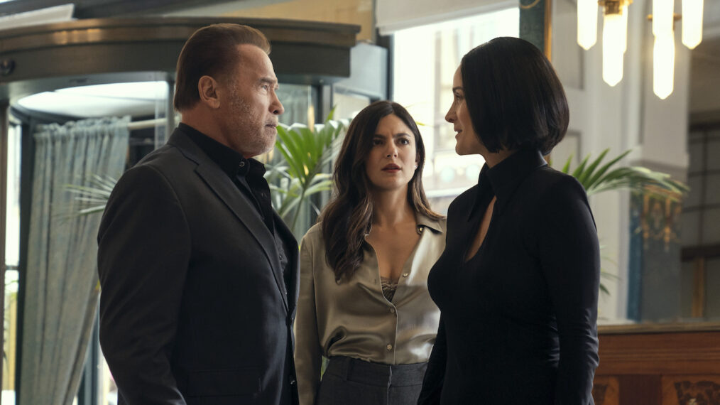 Arnold Schwarzenegger as Luke Brunner, Monica Barbaro as Emma Brunner, Carrie-Anne Moss as Greta Nelso in 'FUBAR' Season 2 Episode 1