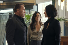 Arnold Schwarzenegger as Luke Brunner, Monica Barbaro as Emma Brunner, Carrie-Anne Moss as Greta Nelso in 'FUBAR' Season 2 Episode 1