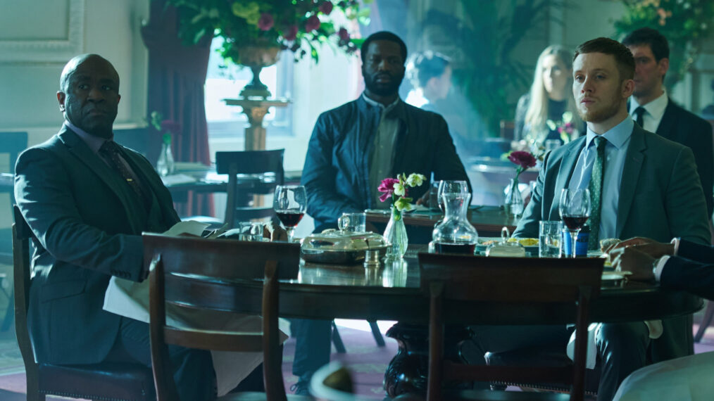 Lucian Msamati, Ṣọpẹ́ Dìrísù, and Joe Cole in 'Gangs of London'