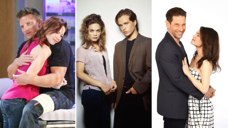 Steve Burton and Rebecca Herbst as Liz and Jason on 'General Hospital'; Rebecca Herbst and Jonathan Jackson as Elizabeth and Lucky; Roger Howarth and Rebecca Herbst as Franco and Liz