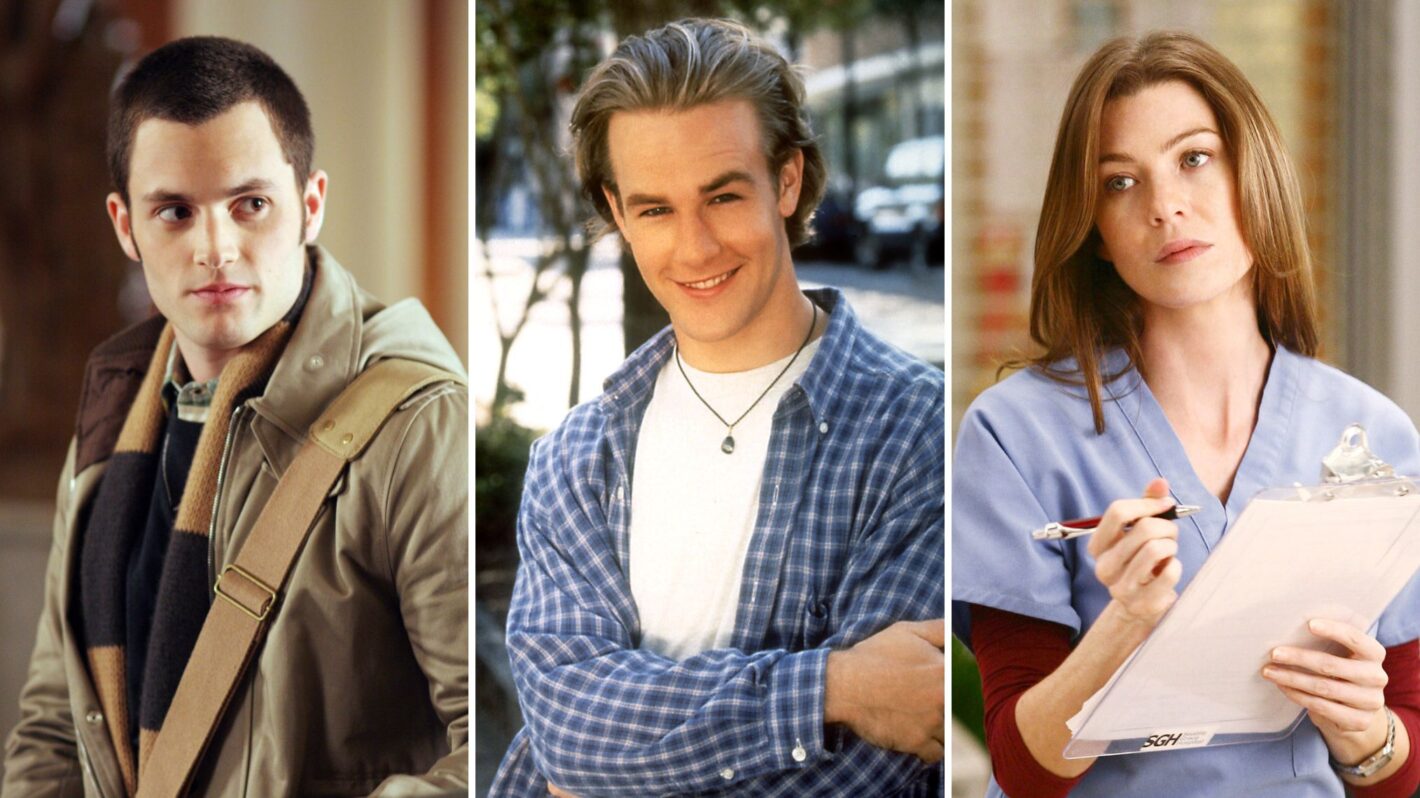 Penn Badgley as Dan Humphrey in 'Gossip Girl,' James Van Der Beek as Dawson Leery in 'Dawson's Creek,' and Ellen Pompeo as Meredith Grey in 'Grey's Anatomy'