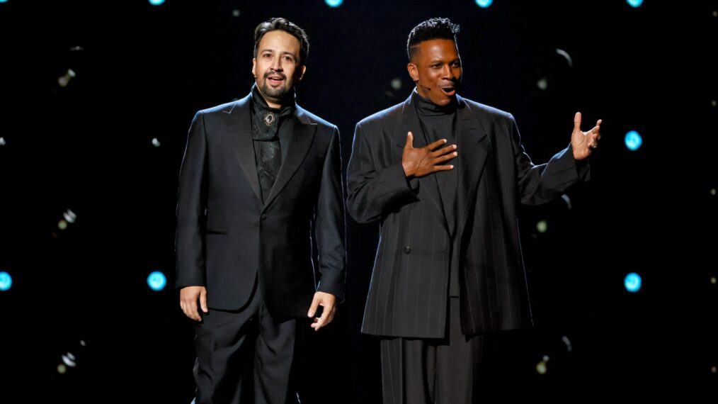 Lin-Manuel Miranda, Leslie Odom Jr. and the cast of 'Hamilton' perform onstage during The 78th Annual Tony Awards at Radio City Music Hall on June 08, 2025 in New York City