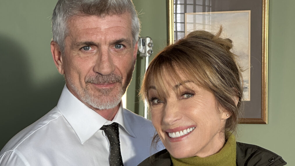 Joe Lando and Jane Seymour on set of 'Harry Wild' Season 5