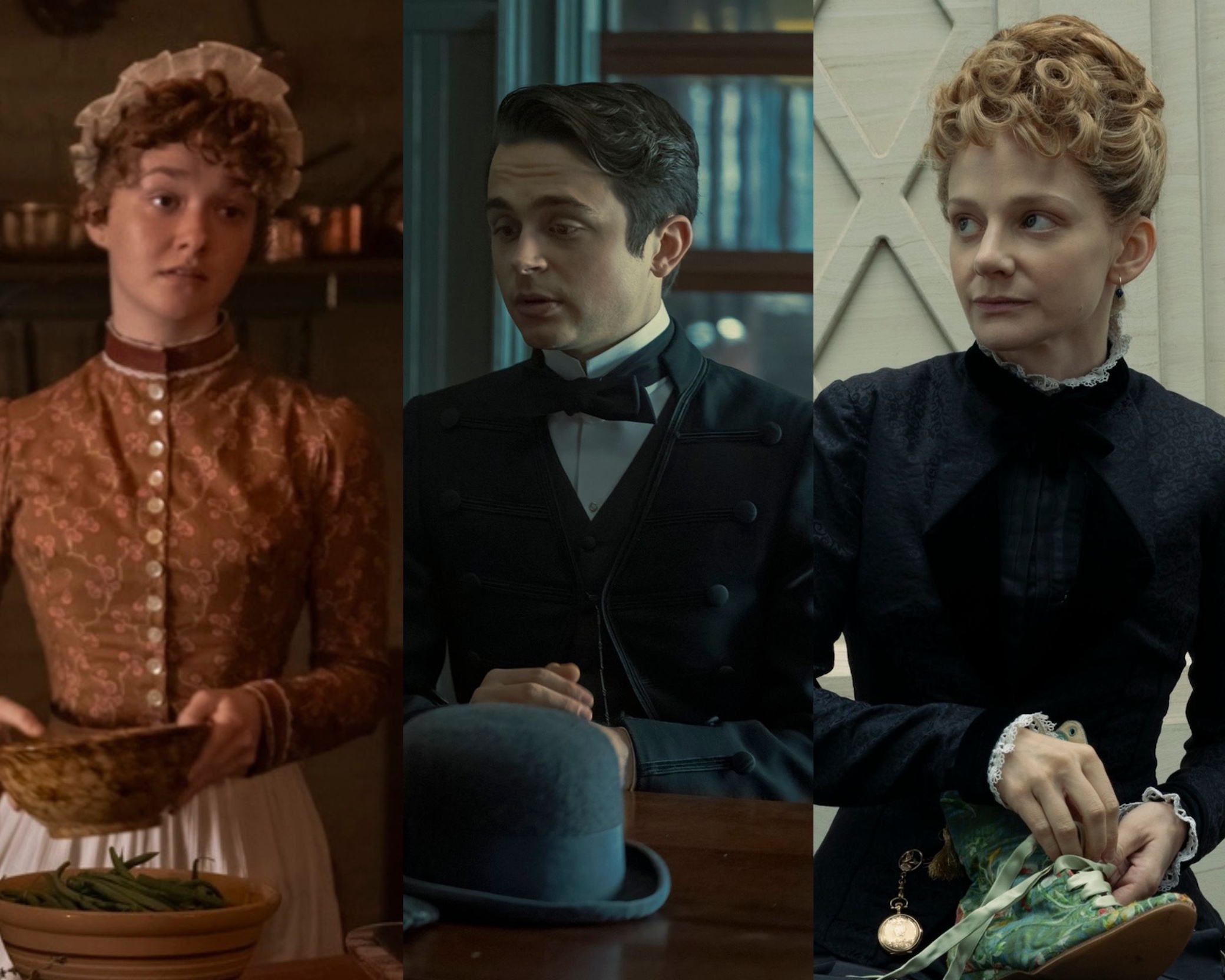 Taylor Richardson, Ben Ahlers, Erin Wilhelmi as Bridget, Jack, and Adelheid in 'The Gilded Age' Season 2