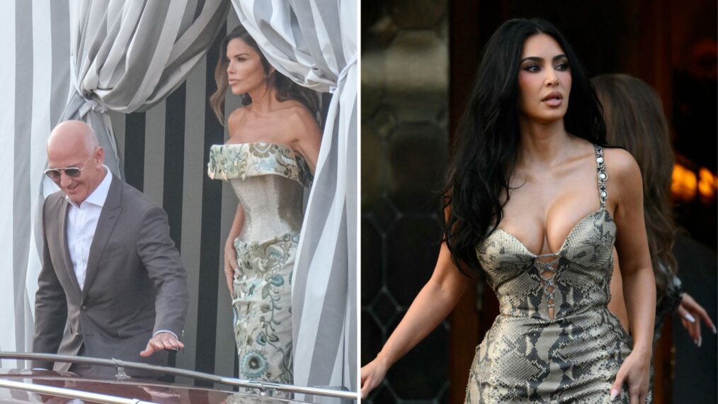 Jeff Bezos and Lauren Sanchez leave the Aman Hotel to go to dinner with guests ahead of their wedding, on June 26, 2025 in Venice, Italy; US reality TV personality Kim Kardashian leaves the Gritti Palace Hotel ahead of the wedding of Amazon's founder Jeff Bezos with Lauren Sanchez in Venice on June 26, 2025