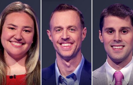 (from left) Jeopardy! players Emily Croke, Andrew Brigger, and Davis Spelman, on June 23, 2025