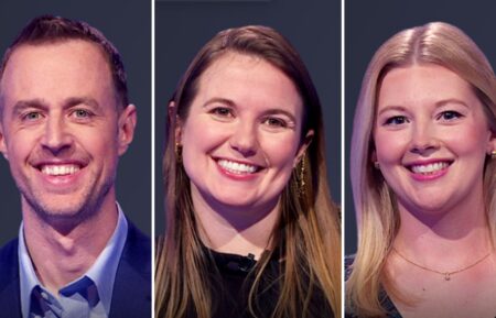(from left) Jeopardy! players Andrew Brigger, Bevin Blaber, and Live Markham, on June 20, 2025