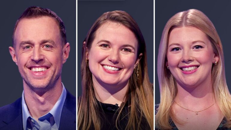(from left) Jeopardy! players Andrew Brigger, Bevin Blaber, and Live Markham, on June 20, 2025