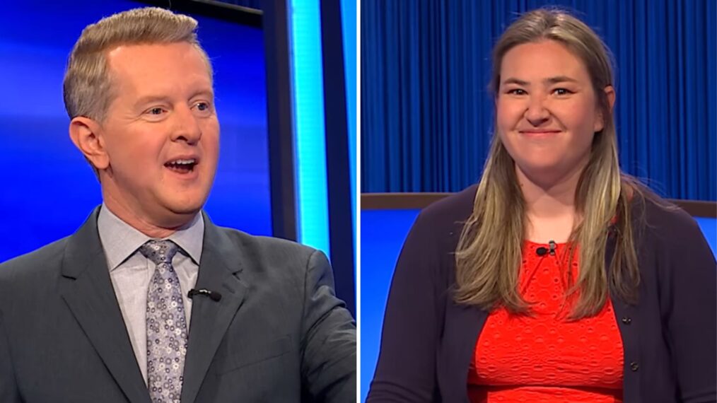 (left) host Ken Jennings on Jeopardy! (right) contestant Emily Croke on June 23, 2025