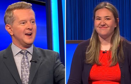 (left) host Ken Jennings on Jeopardy! (right) contestant Emily Croke on June 23, 2025