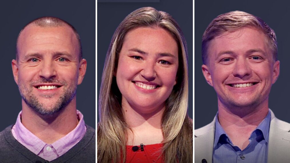 (from left) Jeopardy! contestant Nicholas Moline, Emily Croke, and Micah Fritz, on June 24, 2025