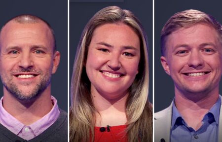 (from left) Jeopardy! contestant Nicholas Moline, Emily Croke, and Micah Fritz, on June 24, 2025