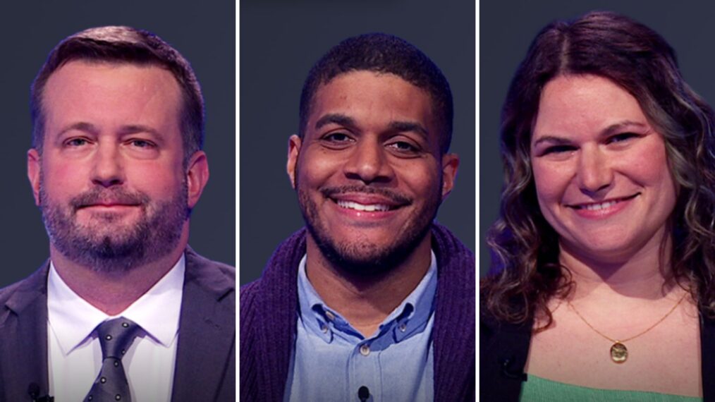 (from left) JEopardy! players Kyle Rahe, Geoff Barnes, and Abbi Klein on June 2, 2025