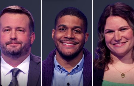 (from left) JEopardy! players Kyle Rahe, Geoff Barnes, and Abbi Klein on June 2, 2025