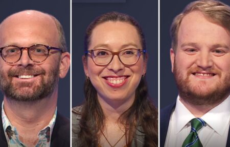 (from left) Jeopardy! contestants John Reiss, Jackie Rogoff, and Matt Massie on Tuesday, June 10