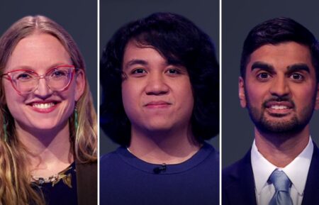 (from left) Jeopardy! player Sara Fuller, Joey Quismorio, and Nikhil Joshi on June 5, 2025