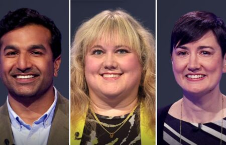 (from left) Jeopardy! contestant Tom Thriveni, Katie Kornacki, and Sarah Cox, on Monday, June 16, 2025