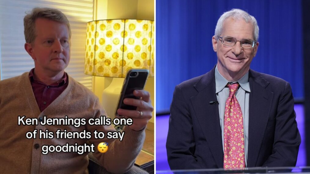(left) Ken Jennings in his living room on the phone (right) Sam Buttrey on Jeopardy!