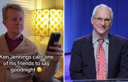(left) Ken Jennings in his living room on the phone (right) Sam Buttrey on Jeopardy!