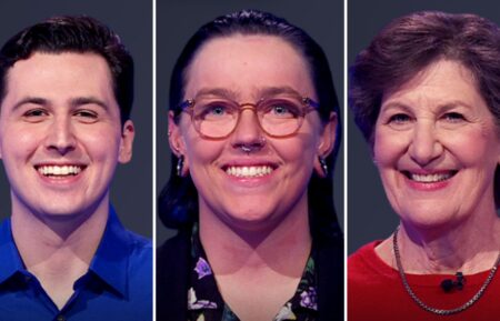 (from left) Jeopardy! contestants Rocco Graziano, Kiley Campbell, and Janis Raye on June 26, 2025