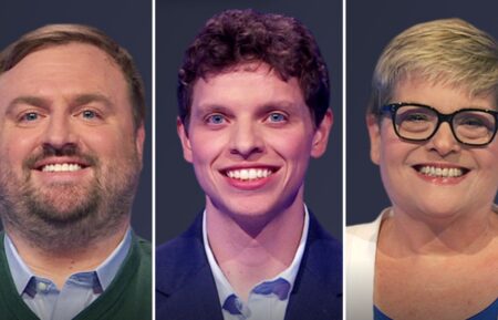 (from left) Jeopardy! players Dave McBride, Kl;ay Frappier, and Eileen Darragh, on June 30, 2025