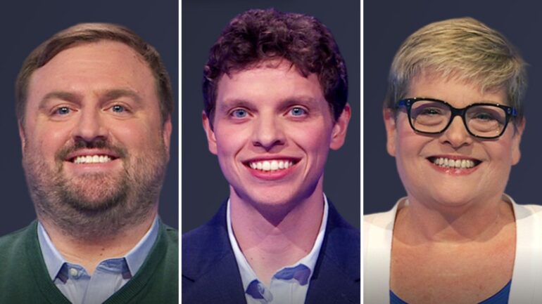 (from left) Jeopardy! players Dave McBride, Kl;ay Frappier, and Eileen Darragh, on June 30, 2025