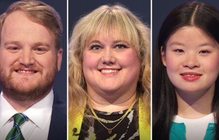 (from left) Jeopardy! players Matt Massie, Katie Kornacki,and Kelly Cui, on Friday, June 13, 2025