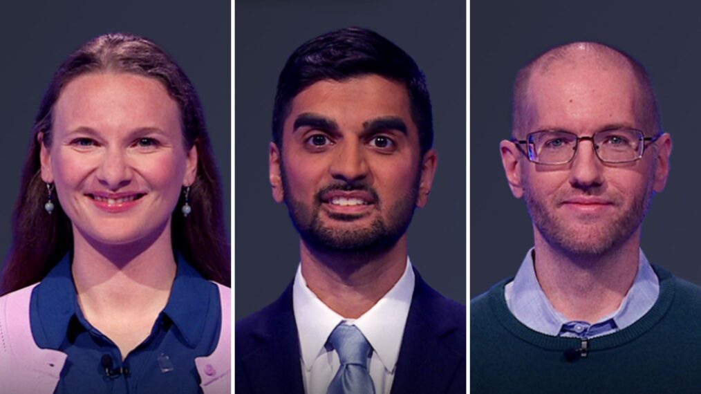 (from left) Jeopardy! contestants Elizabeth Hawkins, Nikhil Joshi, and Brian O'Heron on June, 6, 2025