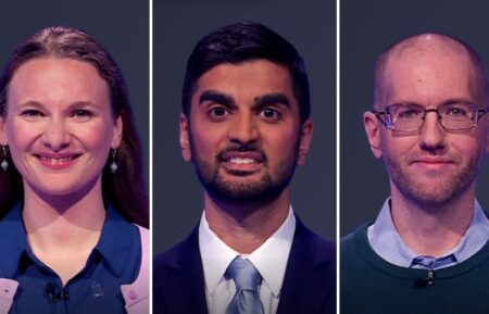 (from left) Jeopardy! contestants Elizabeth Hawkins, Nikhil Joshi, and Brian O'Heron on June, 6, 2025