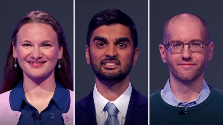 (from left) Jeopardy! contestants Elizabeth Hawkins, Nikhil Joshi, and Brian O'Heron on June, 6, 2025
