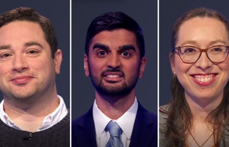 (from left) Jeopardy! contestant Ted Nyman, Nikhil Joshi, and Jackie Rogoff on Monday, June 6, 2025