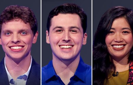 (from left) Jeopardy! players Klay Frappier, Rocco Graziano, and Michelle Argulles, on June 27