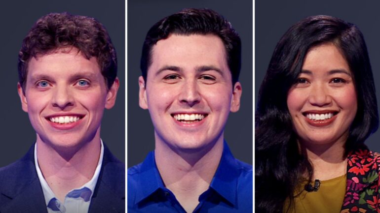 (from left) Jeopardy! players Klay Frappier, Rocco Graziano, and Michelle Argulles, on June 27