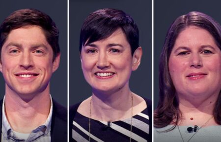 (from left) Jeopardy! contestant Dan Hopkins, Sarah Cox, and Stefany Meyer on June 17, 2025