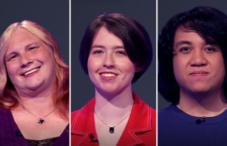 (from left) Jeopardy! contestants Jay Borsom, Stella Trout, and Joey Quismorio on Wednesday, June 4, 2025
