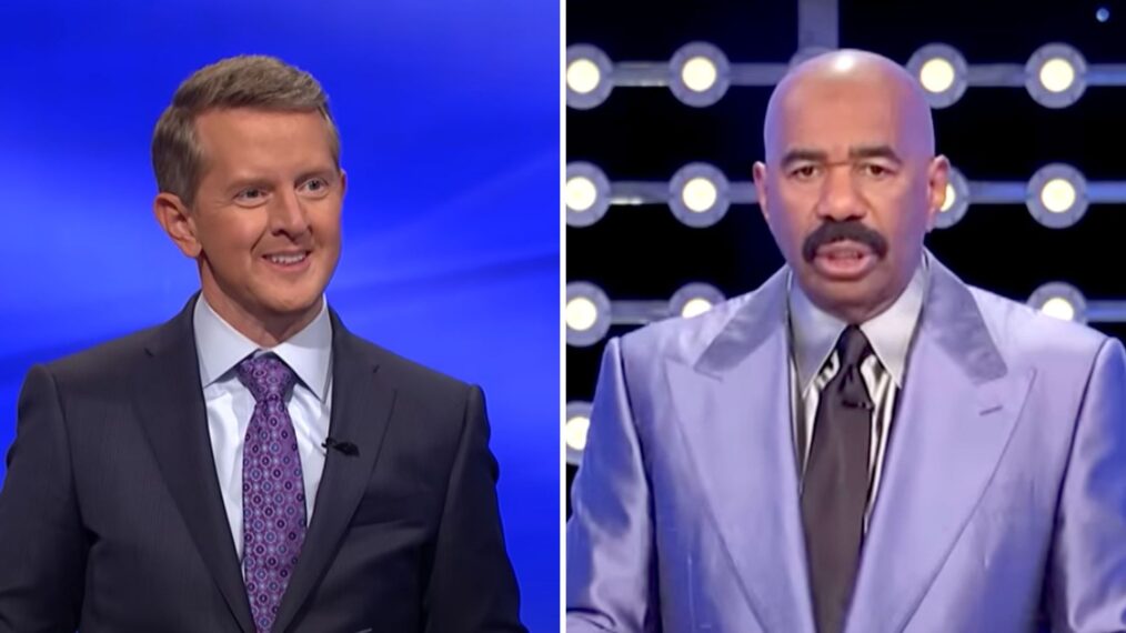 (left) Ken Jennings hosting Jeopardy! (right) Steve HArvey hosting Family Feud