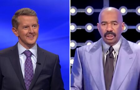 (left) Ken Jennings hosting Jeopardy! (right) Steve HArvey hosting Family Feud