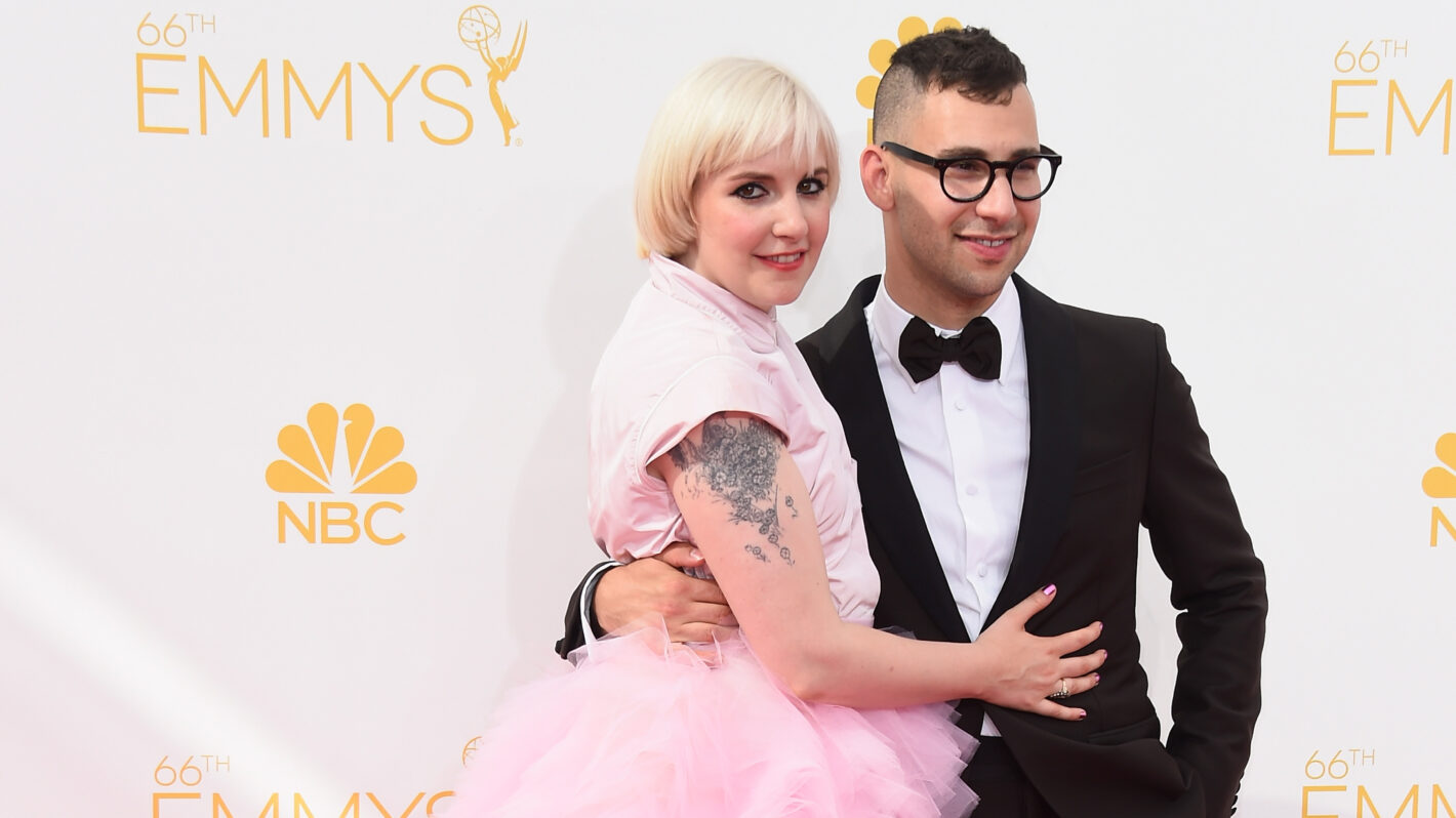 Actress Lena Dunham (L) and musician Jack Antonoff attend the 66th Annual Primetime Emmy Awards