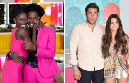 Serena Page and Kordell Beckham of 'Love Island USA'; Jack Fincham and Dani Dyer during the 'Love Island Live' photocall at ICC Auditorium on August 10, 2018 in London, England.