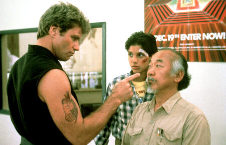 Martin Kove, Ralph Macchio, Pat Morita in The Karate Kid