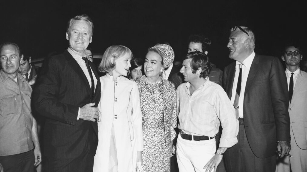 At the premiere of ROSEMARY'S BABY, from left, Van Johnson, star Mia Farrow, Joan Crawford, director Roman Polanski, producer William Castle, 1968
