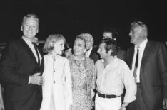 At the premiere of Rosemary's Baby - Van Johnson, star Mia Farrow, Joan Crawford, director Roman Polanski, producer William Castle, 1968