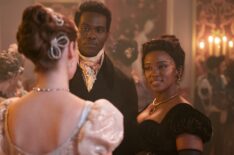 Hannah Dodd as Francesca Bridgerton, Victor Alli as John Stirling, Masali Baduza as Michaela in episode 308 of Bridgerton.
