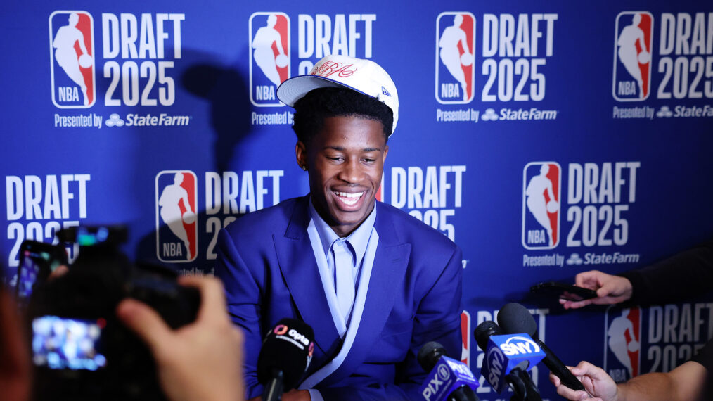 VJ Edgecombe speaks during a Media Availability session prior to the 2025 NBA Draft at Lotte New York Palace on June 24, 2025 in New York City.